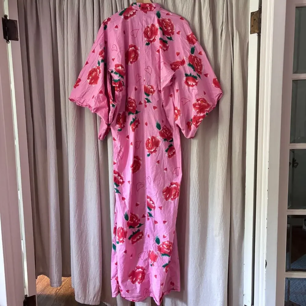 Vintage Elle Poem Japanese Cotton Kimono Robe Pink Floral OS Long Duster